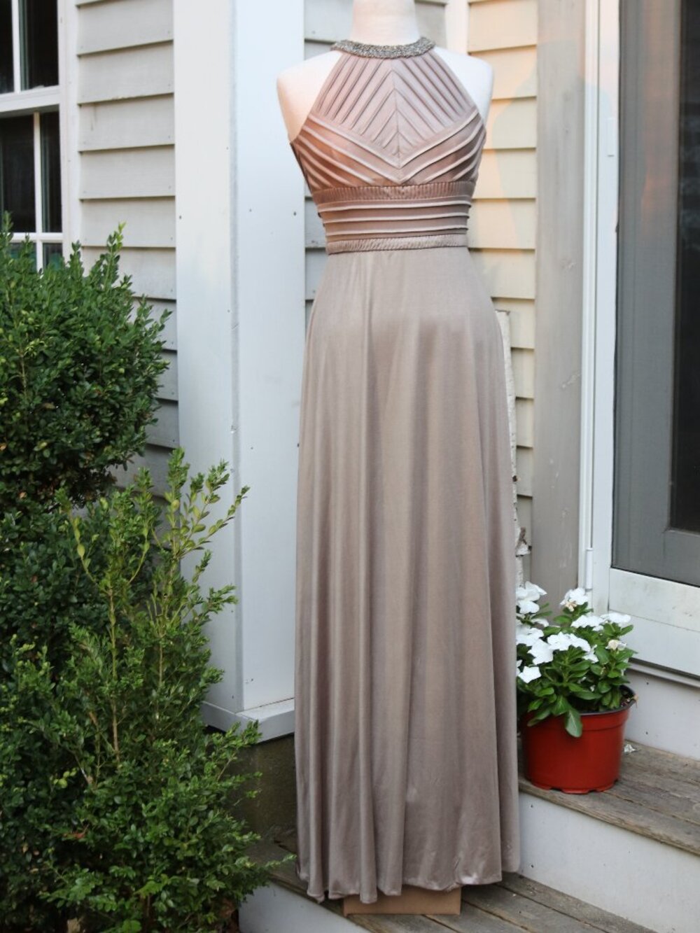 Calvin Klein Taupe High Beaded Neck Pleated Halter Top Knit Formal Maxi Dress 2
